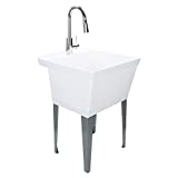 JS Jackson Supplies White Utility Sink Laundry Tub with High Arc Chrome Faucet, Pull Down Sprayer Spout, Heavy Duty Slop Sinks for Basement, Garage, or Shop, Free Standing Wash Station