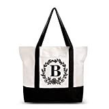BeeGreen Canvas Bag w Zipper Closure for Beach Personalized Tote Bag with Inner & Front Pockets Embroidery Monogrammed Initial Tote Bag for Mother's Day Wedding Bridesmaid Birthday School Letter B