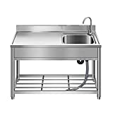 Free Standing Stainless-Steel Single Bowl, Commercial Restaurant Kitchen Sink Set w/ Faucet & Drainboard, Prep & Utility Washing Hand Basin w/ Workbench & Storage Shelves Indoor Outdoor (47in)