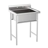 VINGLI Upgraded Free Standing 304 Stainless Steel Utility Sinks for Laundry Room with Backsplash, Industrial Garage Sink Commercial Sink for Restaurant, Workshop – 28' W x 24' D x 40.2' H