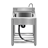 Free Standing Stainless-Steel Single Bowl Commercial Restaurant Kitchen Sink Set w/ Faucet, Prep & Utility Washing Hand Basin w/ Storage Shelve, laundry tub for Indoor Outdoor (22in)