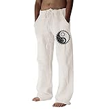 MYNKYLL Mens Fashion Casual Printed Linen Pocket Lace Up Pants Large Size Pants Outdoor Star Black