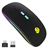 LED Wireless Mouse Bluetooth &2.4GHz Instant Connection,Rechargeable Ultra Silent Slim,3 Adjustable DPI 2 Connection Modes with USB-C to USB Adapter for Laptop/MacBook/PC/Tablet/iPad (Black)