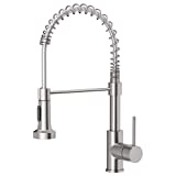 OWOFAN Kitchen Faucets Commercial Solid Brass Single Handle Single Lever Pull Down Sprayer Spring Kitchen Sink Faucet Brushed Nickel Grifos De Cocina 9009SN