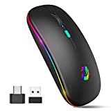 LED Wireless Mouse, Rechargeable Slim Silent Mice 2.4G Portable Office Optical Mouse with USB Receiver and Type-C Adapter, 3 Adjustable DPI for Laptop, Computer, PC, Notebook, Desktop (Black)
