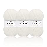 NICEEC 3 Skeins Soft Chenille Yarn Blanket Yarn Velvet Yarn for Knitting Fancy Yarn for Crochet Weaving DIY Craft Total Length 3×85m (3×93yds, 3×50g)_Cream White