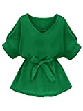 Milumia Women's Casual V Neckline Self Tie Short Sleeve Work Blouse Tunic Tops Green Medium