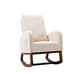 Nursery Rocking Chair, Upholstered Fabric Nursery Glider, Wooden Rocking Chair with 2-Side Pocket, Rocking Chairs with Rubber Wood Legs, Nursery Rocker for Nursery, Living Room, Home Office