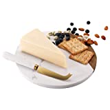 VUDECO White Marble and Acacia Wooden Cheese Board & Knife Set Marble Tray for Meats Breads Round Cutting Serving Board Cheese Cutter Slicer Stainless Steel Knife - 10' Marble Stone Cutting Board