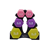 Amazon Basics Neoprene Hexagon Workout Dumbbell Color-Coded Hand Weight - Set of 6 (2, 3, and 5 Pound Weights) with Storage Rack