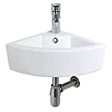 Bokaiya Small Wall Mount Corner Bathroom Sink and Faucet Combo with Overflow Triangle White Porcelain Ceramic Wall Mount Mini Vanity Space Bathroom sink, Faucet and Drain Combo