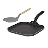 Goodful Aluminum Non-Stick Square Griddle Pan/Flat Grill, Made Without PFOA, with Nylon Pancake Turner, Dishwasher Safe Cookware, 11' x 11', Charcoal Gray