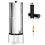 Purewell 2.25 Gallon Stainless Steel Gravity Water Filter System with 2 Black Purification Elements, Countertop Filtration System for Home and Outdoor Use (with Stand)