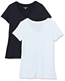 Amazon Essentials Women's Tech Stretch Short-Sleeve V-Neck T-Shirt (Available in Plus Size), Pack of 2, Black/White, Small