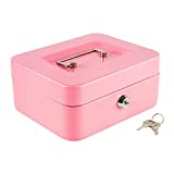 Kyodoled Medium Cash Box with Money Tray,Small Safe Lock Box with Key,Cash Drawer,7.87'x 6.30'x 3.54' Pink Medium
