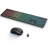 Backlit Wireless Keyboard and Mouse, Rainbow Backlit Keyboard, Jiggler Lighted Mouse, Type-C Rechargeable, 2.4G USB Keyboard and Mouse for Computer, Laptop, Gaming, Windows, Black