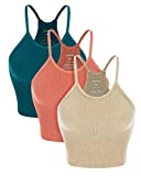 ODODOS Women's Crop Camisole 3-Pack Washed Seamless Rib-Knit Crop Tank Tops, Long Crop, Beige Coral Teal, Medium/Large