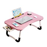 Lap Desk with Storage Drawer, Holders for Cup and Tablet, Laptop Bed Tray Table with Foldable Legs, Laptop Bed Stand, Portable Standing Table for Sofa Couch Floor (23.6', Pink)