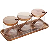 3 Pack 250ml / 8.5oz Clear Glass Seasoning Jar with Wooden Lid and Wooden Spoon, Adorable Sugar Bowl Bath Salt Storage Jar Seasoning Container Seasoning Jar with Spoon for Seasoning, Kitchen Pepper