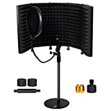 Studio Microphone Isolation Shield with Desk Mic Stand and Pop Filter, High Density Sound Proof Absorbing Foam, Portable Acoustic Treatment Equipment for Recording Mics Home Studio Podcast Vocal Booth