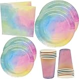 Rainbow Pastel Water Color Party Supplies Tableware Set 24 9' Plates 24 7' Plate 24 9 Oz. Cups 50 Lunch Napkins for Colorful Birthday Parties Baby Shower Wedding Disposable Paper Goods Decor
