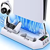 PS5 Stand and Cooling Station with Dual Controller Charging Station for Playstation 5 Console, PS5 Accessories Incl. Controller Charger, Cooling fan, Headset holder, 3 USB Hub, Media Slot, Screw White