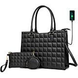 Laptop Tote Bag for Women Waterproof PU Leather Briefcase Computer Bag with Built-in USB Charging Port,Business Office 15.6 Inch Laptop Bag Large Capacity Handbag Satchel Purse 3pcs Set (Black)