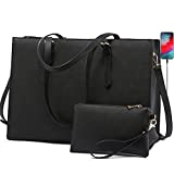 LOVEVOOK Laptop Bag for Women, Fashion Computer Tote Bag Large Capacity Handbag, Leather Shoulder Bag Purse Set, Professional Business Work Briefcase for Office Lady 2PCs, Fit 15.6 Inch Laptop, Black