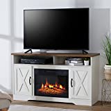 Amerlife Fireplace TV Stand 54' Farmhouse Barn Door Entertainment Center for TVs up to 60' Mordern Media Console Table with 2 Open Shelves and Cabinets, Rustic Oak & White