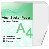 Printable Vinyl Sticker Paper for Inkjet Printer - Transparent Clear - 20 Self Adhesive Sheets - Waterproof Decal Paper - Standard Letter Size 8.5'x11' (20 sheets, transparent)