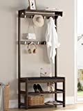 SEIRIONE Coat Rack with Shoe Bench Furniture, Bamboo Hall Tree Storage Organizer for Entryway with Faux Leather Cushion, 4 In 1 Design, 10 Double Hanging Hooks, 31.5 Inch Wide