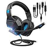 Musicera Gaming Headset Mic, Super Light Wired Headphones, HD Stereo Over Ear Headphones, LED Light, 120° Rotatable Noise Cancelling Mic, Soft Memory Earmuffs Adults Kids PC Laptop Xbox One PS4, Blue