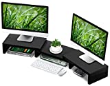 Dual Monitor Stand Riser Office Desktop Organizer Stands for 2 Monitors Length and Angle Adjustable 3 Shelf, Extra Long Multifunctional Stand fit Computer, Laptop, PC, TV, Max 48.2' Length, Black