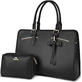 Laptop Tote Bag for Women, Large Waterproof PU Leather Work Briefcase with USB Charging Port Casual Computer Shoulder Bag Messenger fits 15.6 Inch, Business Handbag Satchel Purse 2pcs Set, Black