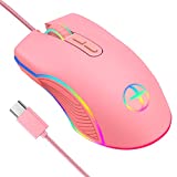 IULONEE Type C Mouse, Wired USB C Mice Gaming Mouse Ergonomic 4 RGB Backlight 3200 DPI Compatible with M@c, Matebook, Chromebook, HP OMEN, Windows PC, Laptop and More USB Type C Devices (Pink)