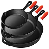 Nutrichef Pre-Seasoned Cast Iron Skillet 3 Pieces Kitchen Frying Pan Nonstick Cookware Set w/Drip Spout, Silicone Handle, For Electric Stovetop, Glass Ceramic
