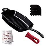 Cast Iron Grill Pan - Square 10.5'-Inch Pre-Seasoned Ribbed Skillet + Handle Cover + Pan Scraper - Grille, Firepit, Stovetop, Induction Safe - Indoor/Outdoor - Great for Grilling, Frying and Camping