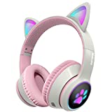 Mokata Gaming Bluetooth 5.0 Wireless Headphones Over Ear Cat LED Light Foldable Music Headset with AUX 3.5mm Microphone for Adult & Kids PC TV Game Music Pad Laptop Cellphone B12 Beige White