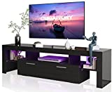 CLIKUUTORY Modern LED TV Stand with Large Storage Drawer for 40 50 55 60 65 70 75 Inch TVs, Black Wood TV Console with High Glossy Entertainment Center for Gaming, Living Room, Bedroom