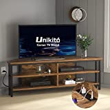 Unikito 55 inch Corner TV Stand with Power Outlet, Corner Entertainment Center TV Media Console Table with 4 Open Storage Shelve For Living Room, Bedroom, Industrial 60'' Corner TV Stand, Rustic Brown