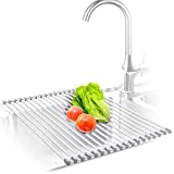 KIBEE Dish Drying Rack Stainless Steel Roll Up Over The Sink Drainer Gadget Tool for Many Kitchen Task(Gray,Large)