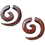 Tribal Organic Wooden Earrings Fake Gauge earrings hippie natural black brown wood earrings faux plugs tapers emo goth punk earrings spiral gothic earrings 316L surgical steel hypoallergenic earring