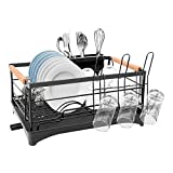 G-TING Dish Drying Rack, Dish Rack for Kitchen Counter, Rust-Proof Dish Drainer with Drying Board and Utensil Holder for Kitchen Counter Cabinet, 16.6” L× 12.6”W× 7.8”H, Black