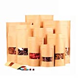 Kraft Heat Sealable Stand Up food Pouches Paper Mylar Bags With Clear Window And Zip Lock,Heavy Duty Decorative Resealable Recycled For DIY Homemade Chips Favor Cookies Christmas (50pcs 4x6+2.4 inch)