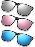 3 Pair Polarized Clip-on Sunglasses Large Anti-glare TR90 Frame Lightweigh Flip Up Driving Clip-on Glasses for Women and Men (Blue, Pink, Silver)