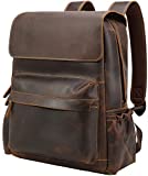 Vintage Full Grain Leather 15.6 Inch Laptop Backpack for Men Casual Travel Work Bag Bookbag Daypack with YKK Zipper Brown, Large