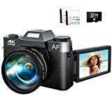 4K Digital Camera, 48MP Vlogging Camera with 3.0’’ 180 Degree Flip Screen, 16X Digital Zoom, Wide Angle Lens, Macro Lens, 2 Batteries and 32GB Micro SD Card