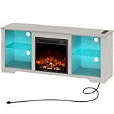 Rolanstar Fireplace TV Stand with Led Lights and Power Outlets, TV Console for TVs up to 65', Entertainment Center with Adjustable Glass Shelves, White
