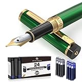 Dryden Designs Fountain Pen - Medium Nib 0.5mm | Includes 24 Ink Cartridges - (12 Black 12 Blue) Ink Refill Converter | Calligraphy Pen, Consistent Writing, Smooth Look -Emerald Green