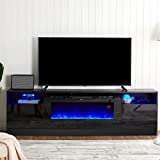 Amerlife Fireplace TV Stand with 36' Electric Fireplace, LED Light Entertainment Center, Modern Wood Texture Entertainment Stand with Highlight Storage Cabinet for TVs Up to 80', 70 inches, Black